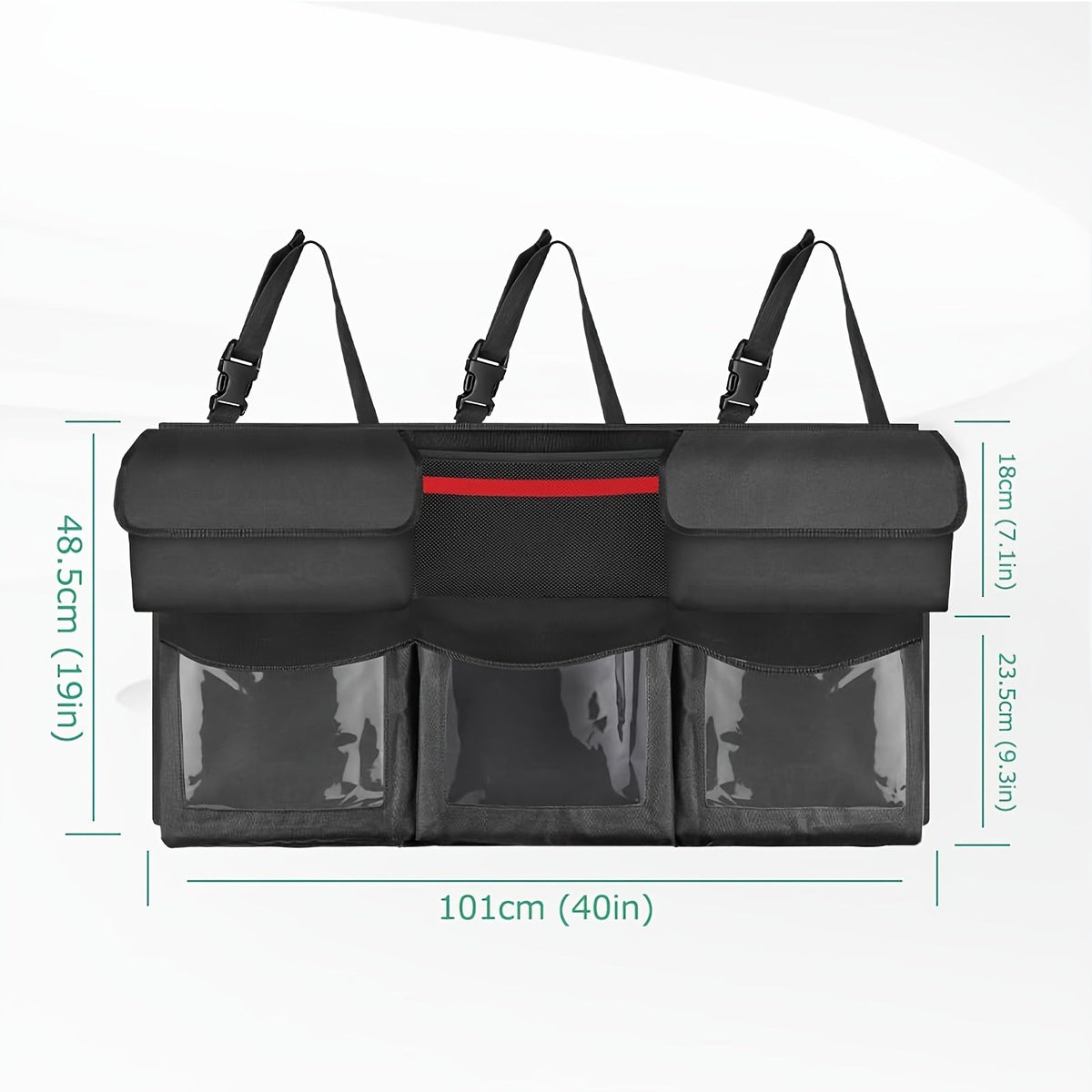 Car Trunk Organizer Bag Suspended 6 Pockets - Foldable Rear Seat Cargo Storage, 3 Adjustable Straps, Clear PVC & Mesh Pockets, 40x19 Inches, Black