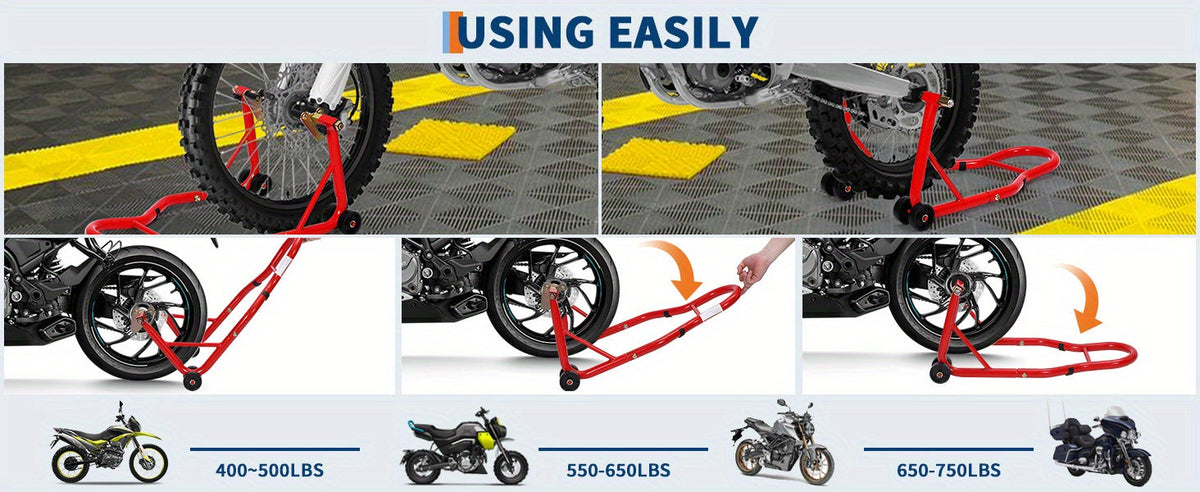 Motorcycle Paddock Stand Front & Rear Combo 900 Lbs - Universal Lift Stands for Yamaha Honda Suzuki BMW Kawasaki, Heavy Duty Steel, Black Red Yellow