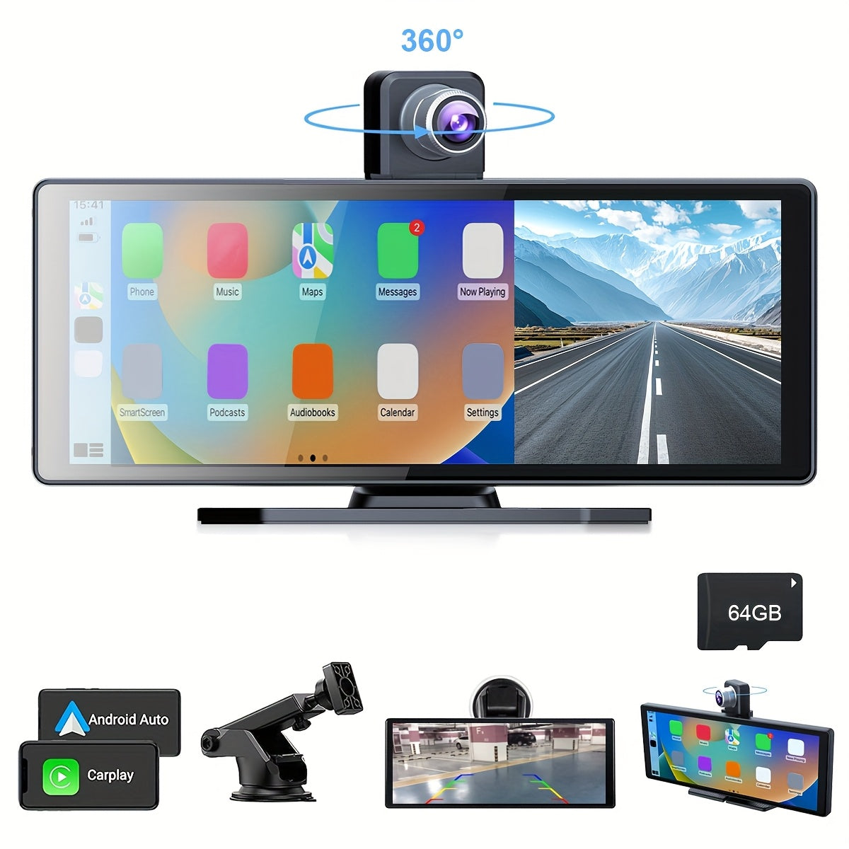 10.26" Wireless CarPlay & Android Auto Car Stereo, HD Touch Screen, 4K Dash Cam, 1080P Backup Camera, GPS Navigation, FM Transmitter