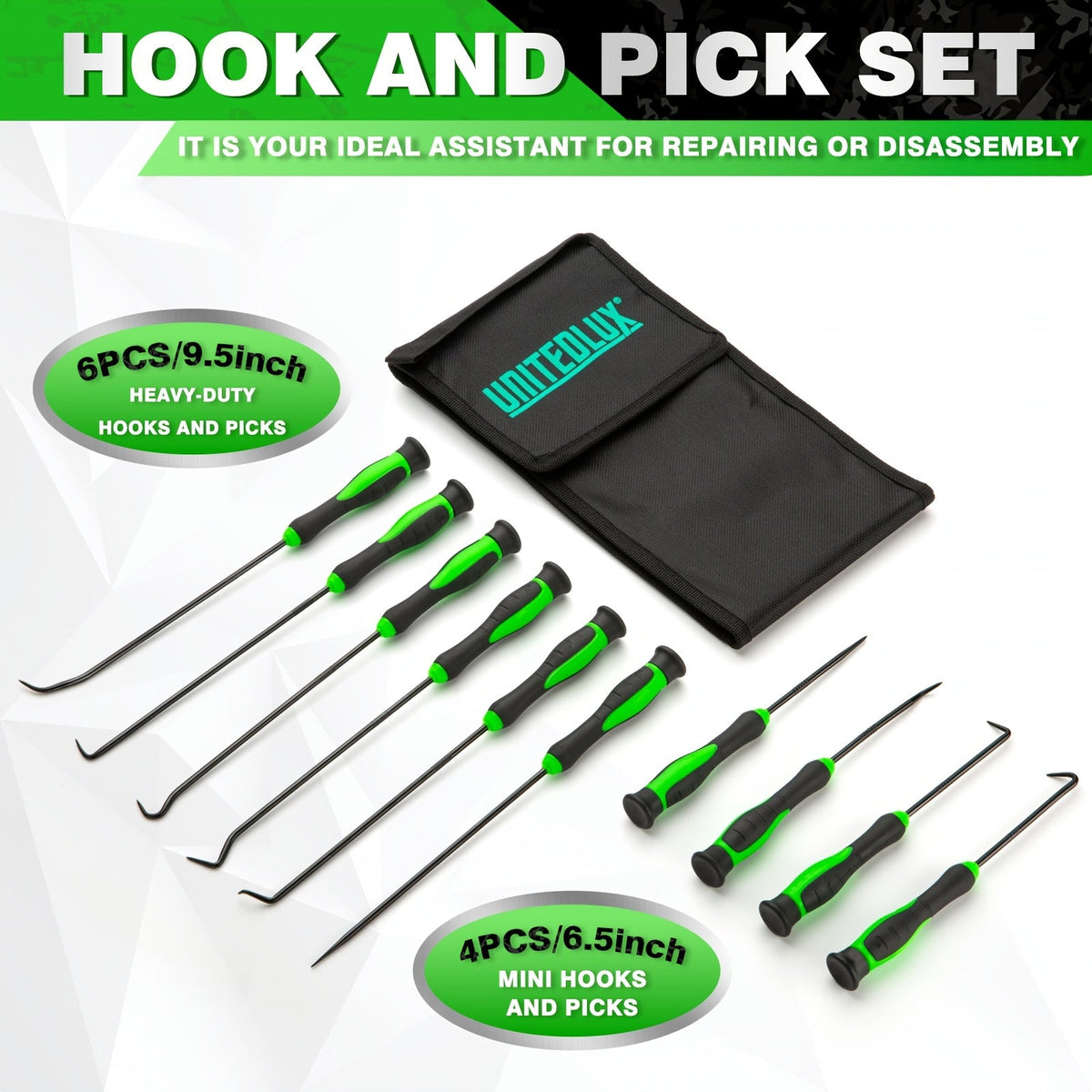 Precision Hook and Pick Set 6/10pcs Extra-Long Steel, Non-Slip Handles, for Automotive Machinery & Electronics Maintenance, Crochet Hook Needle Tool Kit