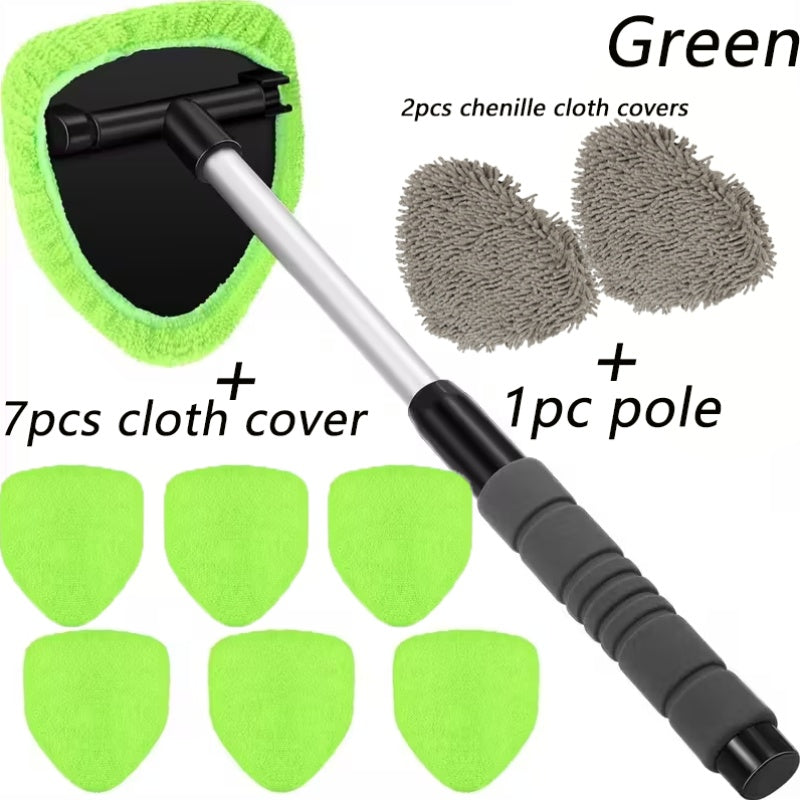 Car Windshield Cleaning Kit 10pc – Telescoping Handle, Microfiber & Chenille Covers for Interior & Exterior Glass