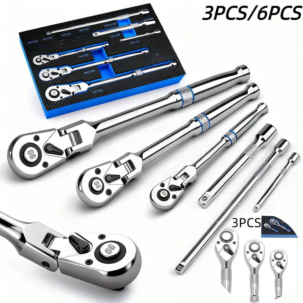 Flexible Ratchet Wrench Set 1/4" 3/8" 1/2" Drive, 72-Tooth Twist Head Ratchet with Extension Bar, 180° Adjustable Quick Release, EVA Foam Case, 3pcs/6pcs