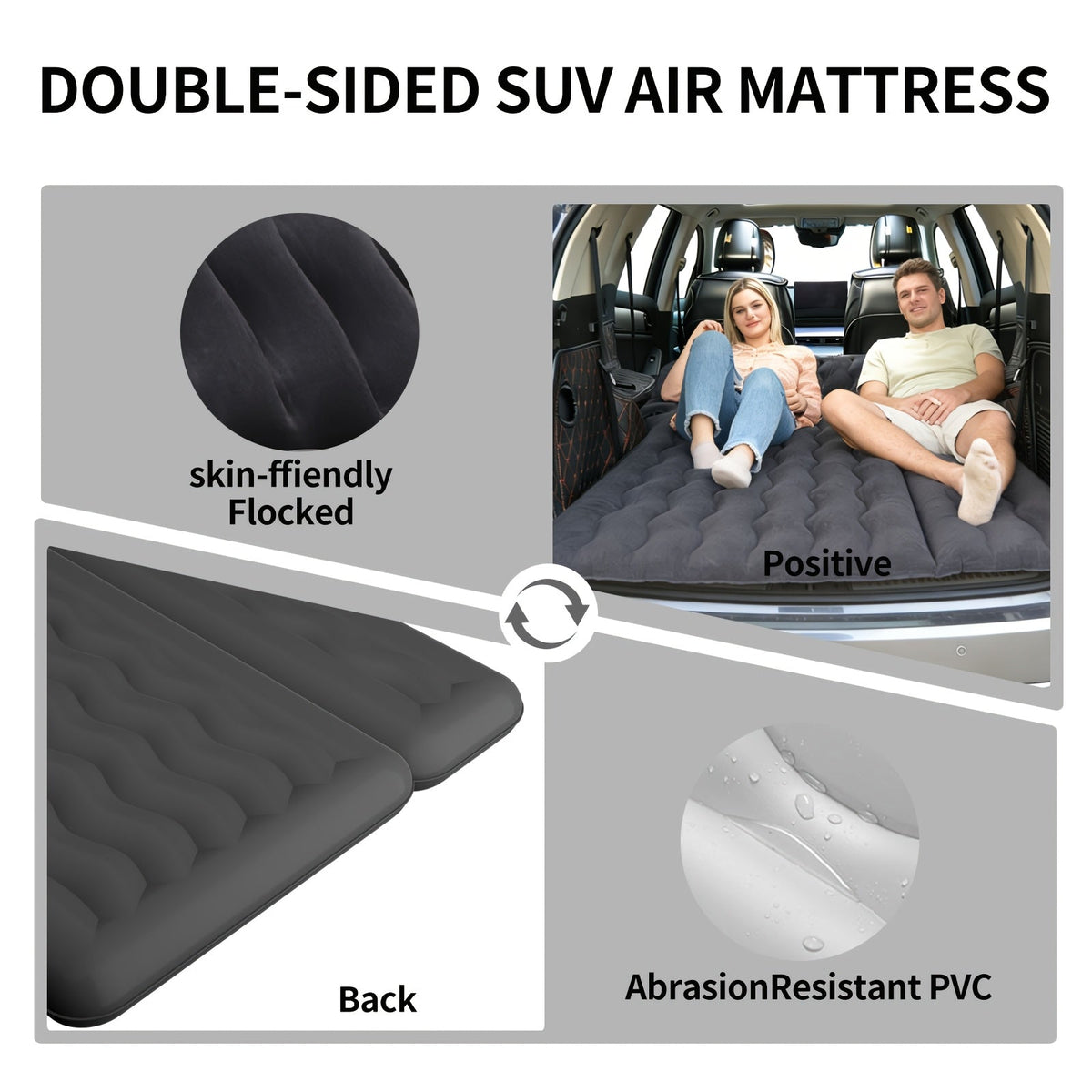 SUV Air Mattress Inflatable Car Bed 67x49x4 Inch Flocking Surface with Air Pump 2 Pillows Carrying Bag Solo or Couple Camping Road Trip Black Grey