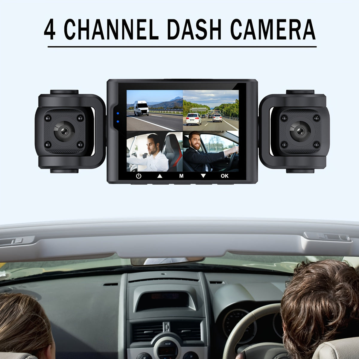 4-Channel Dash Cam 1080P Front + 480P Side Rear Camera, 2.4" Screen, Night Vision, Motion Detection, Wide Dynamic Range, Optional 64GB Card