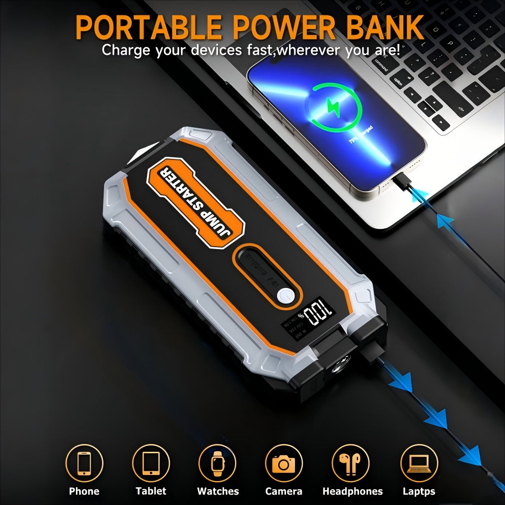 Jump Starter 6000A Peak All-in-One Portable Car Battery Booster Pack with USB Ports LED Flashlight Safety Hammer for 12V Cars SUVs Trucks