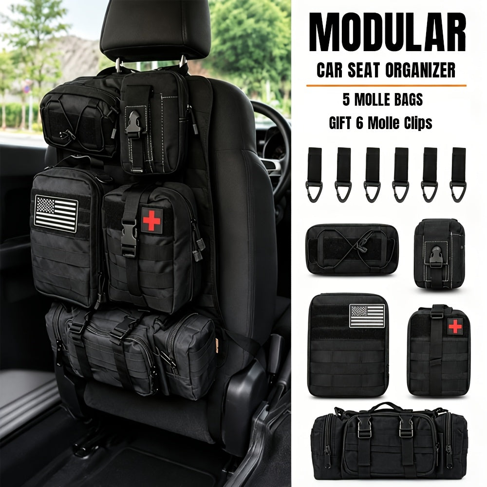 MOLLE Car Seat Back Organizer – 5 Detachable Pouches, Tactical Panel Storage for Jeep Truck SUV | 6 Keychains Included, Universal Fit, Black