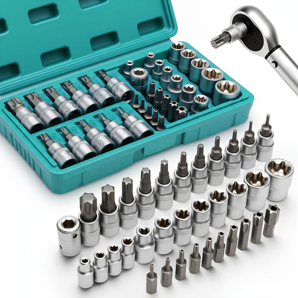 Torx Star Bit Socket Set 34/46-Piece – 3/8" Drive, CR-V & S2 Steel, E4–20 & T10–60, Tamper-Proof TT10–TT55, Adapter & Storage Case | Car & Home Use