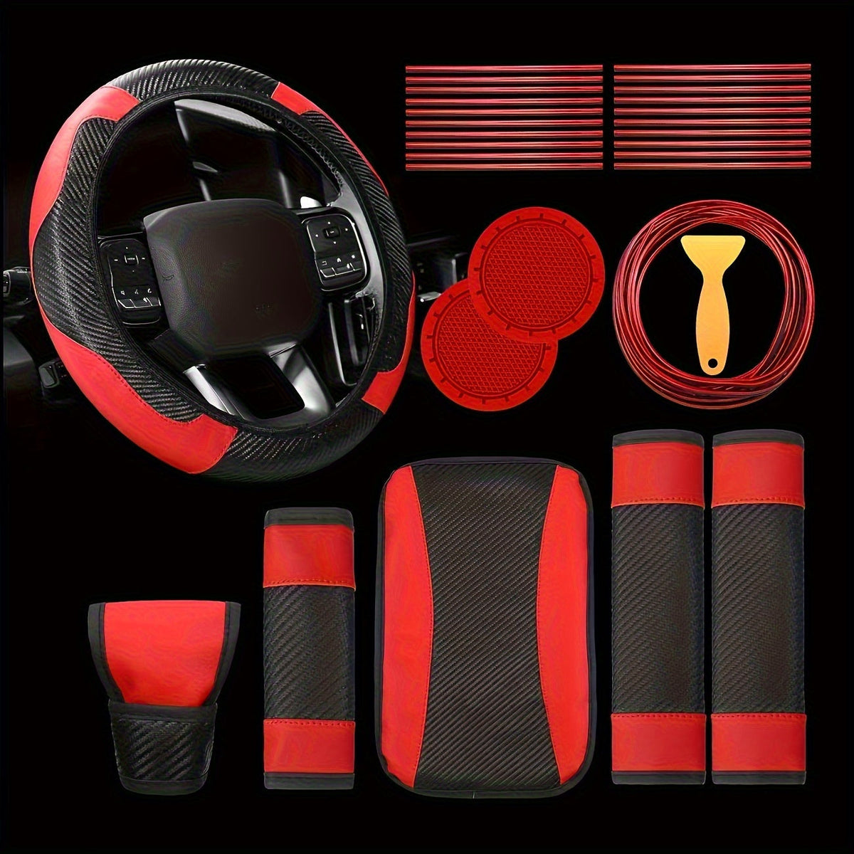 Car Steering Wheel Cover PU Carbon Fiber Interior Decorative Strip Air Vent Trim 30pcs Universal Fit for Most Vehicles Easy Install Blue Red