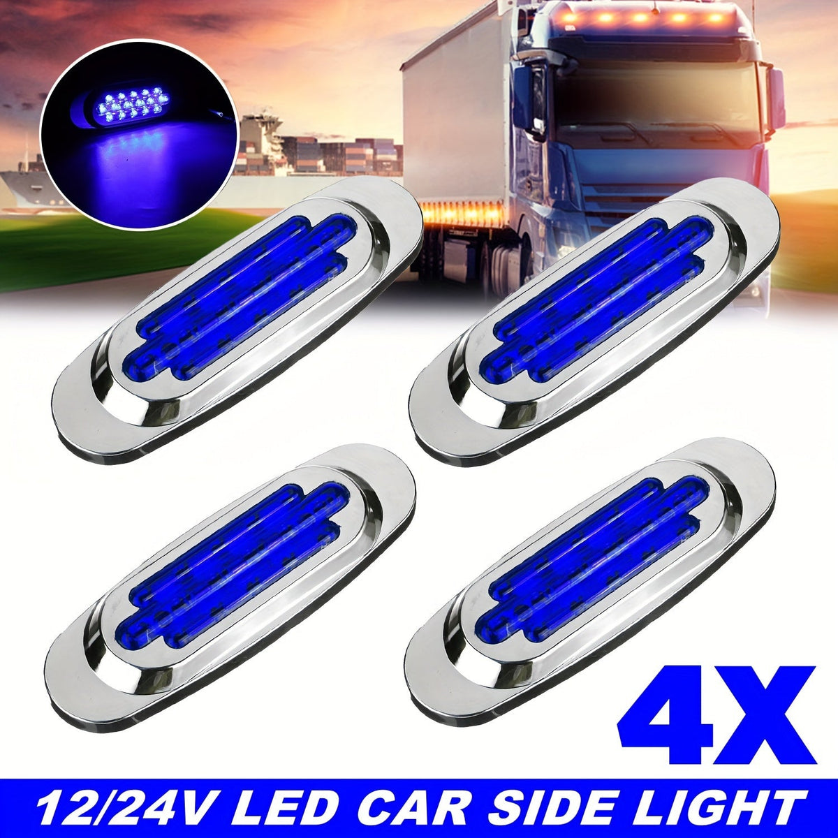 LED Side Marker Lights for Trucks & Trailers – 4pcs 16-LED Dual Mode Steady-On & Flash, 12-24V, Red White Blue Green Yellow