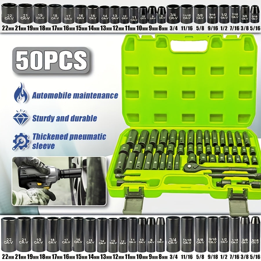 Socket Wrench Set 1/2" Drive – 44/34+1/50 Piece Pneumatic Tool Kit with Air Socket Wrench for Automotive & Household Repair