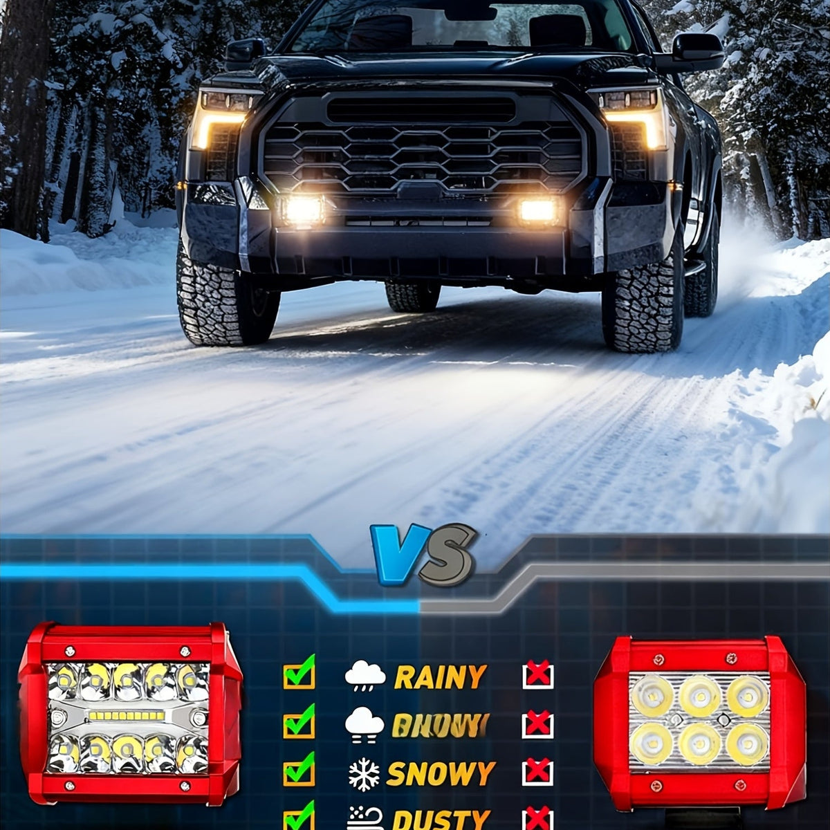 4 Inch LED Pod Lights, Triple Row Combo Flood & Driving Off-Road Lights, 3000+ Lumens with Wiring Harness, Cube Pods for Truck Boat ATV UTV, 2PCS