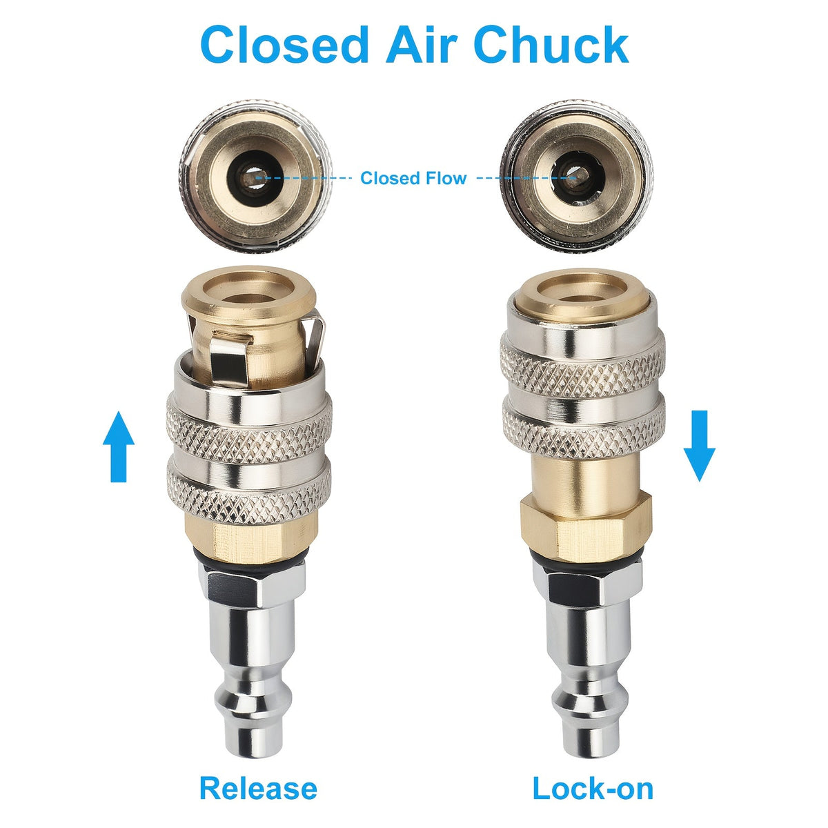 Brass Tire Valve Adapter 2Pc – Closed Flow Quick-Connect, 1/4" NPT Female Thread, 250 PSI, Fits Car Truck Bicycle Air Compressor Inflator