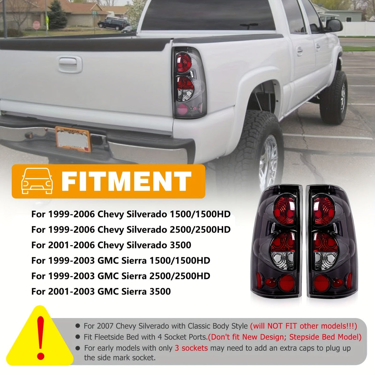 Tail Lights for Chevy Silverado 1500 2500 3500 & GMC Sierra 1999-2006 – Direct Replacement Taillights Assembly, Black Housing, Red or Smoked Lens (No Bulbs, Pair)