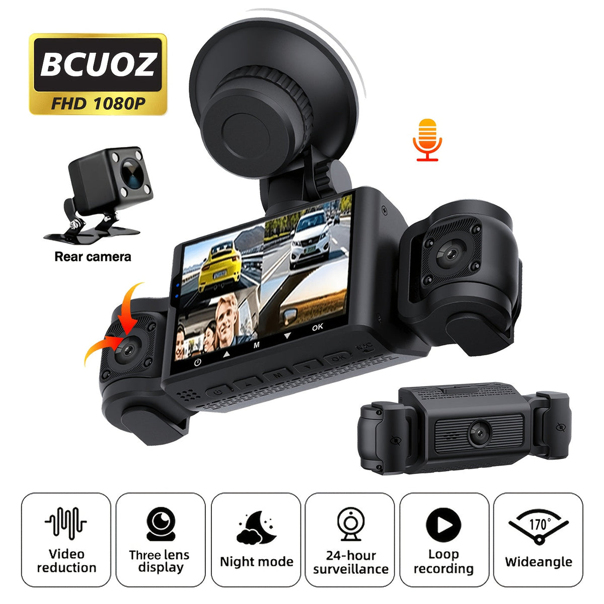 4-Lens 360° Dash Cam 1080P – Front Rear Left Right Coverage, 2.4" Quad-Split Screen, Super Night Vision WDR, G-Sensor Loop Recording, Optional 64GB Card