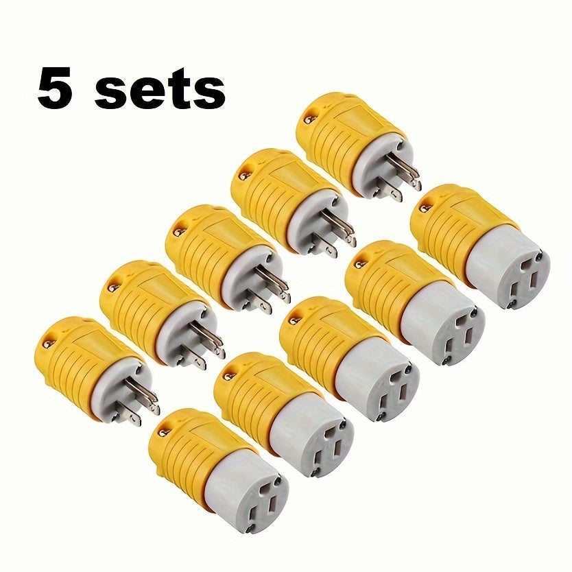NEMA 5-15R RV Replacement Plug Set | Male & Female Connectors 15A 125V American Industrial Straight Connector for RV, Generator & Outdoor Use – Yellow, 1 or 3 Sets