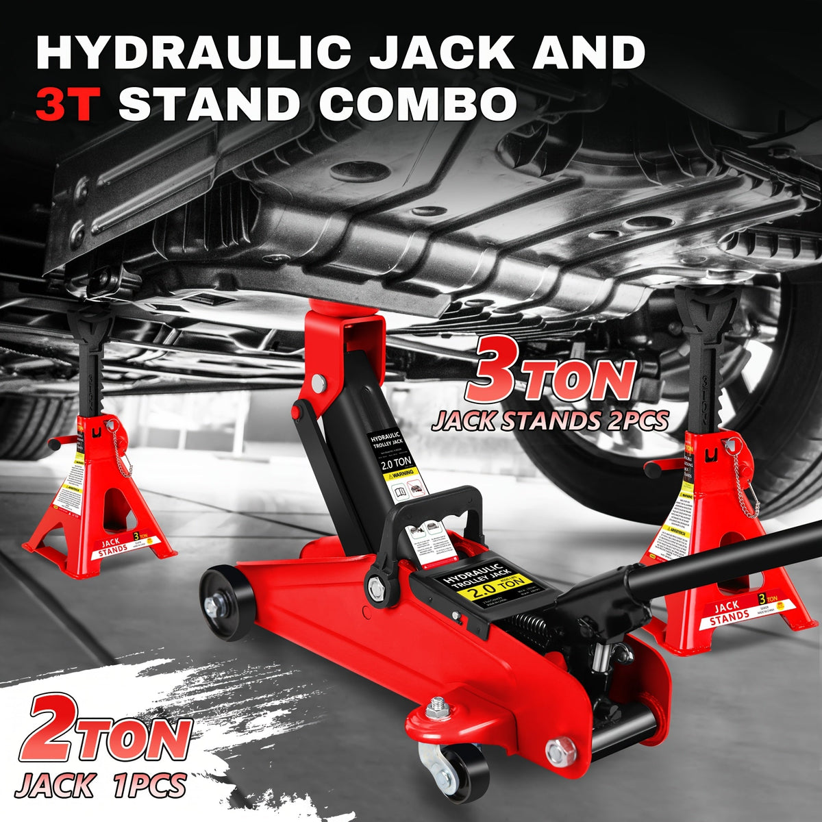2/2.5/3 Ton Low Profile Hydraulic Floor Jack & Jack Stands Combo Kit, with Tire Repair Kit Wheel Wrench Wheel Chock, Multiple Configurations Red/Blue
