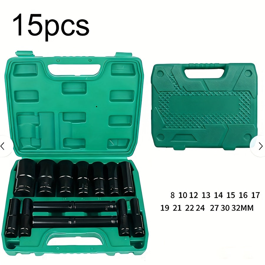 Deep Impact Socket Set 1/2" Drive 6-Point Metric 8-32mm Cr-Mo Steel for Axle Hub Nut Heavy-Duty Vehicle Repair 10 15 35-Piece with Case