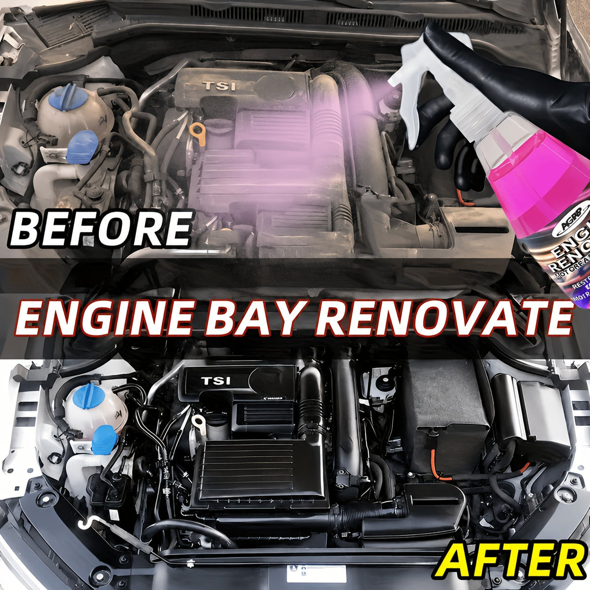 Engine Bay Plastic Care Spray, Gloss Enhancer & Spot Remover, Glycerin Formula for Engine Bay Revival, Auto Detailing Kit, 200ml with Sponge