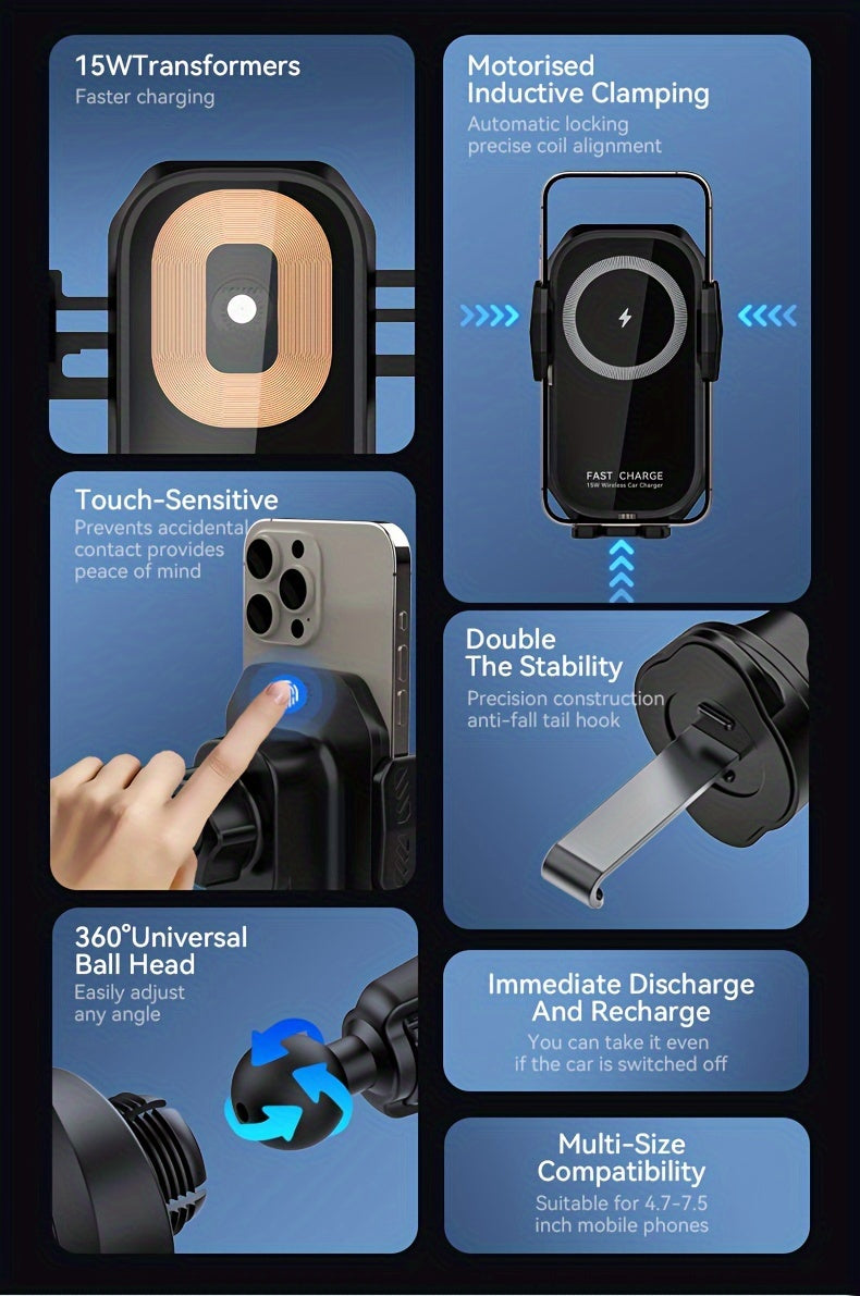 Wireless Car Charger Mount 15W Auto-Clamping – Fast Charging Air Vent Phone Holder for iPhone 16 15 14 13 12 Pro Max & Samsung Galaxy