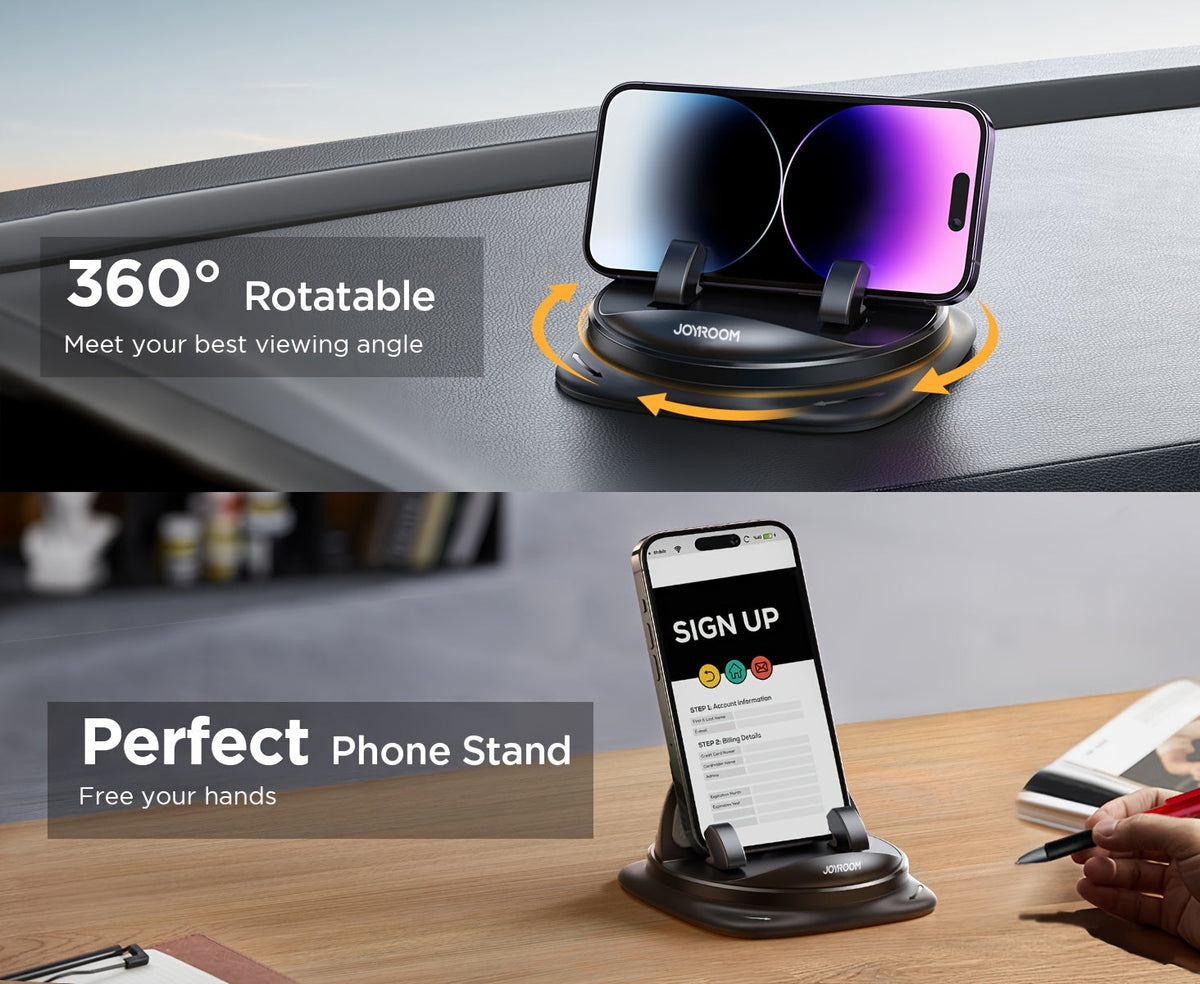 JOYROOM Dashboard Phone Mount Rotatable – Spring-Loaded Grip, Non-Slip ABS Car Holder for iPhone & All Smartphones