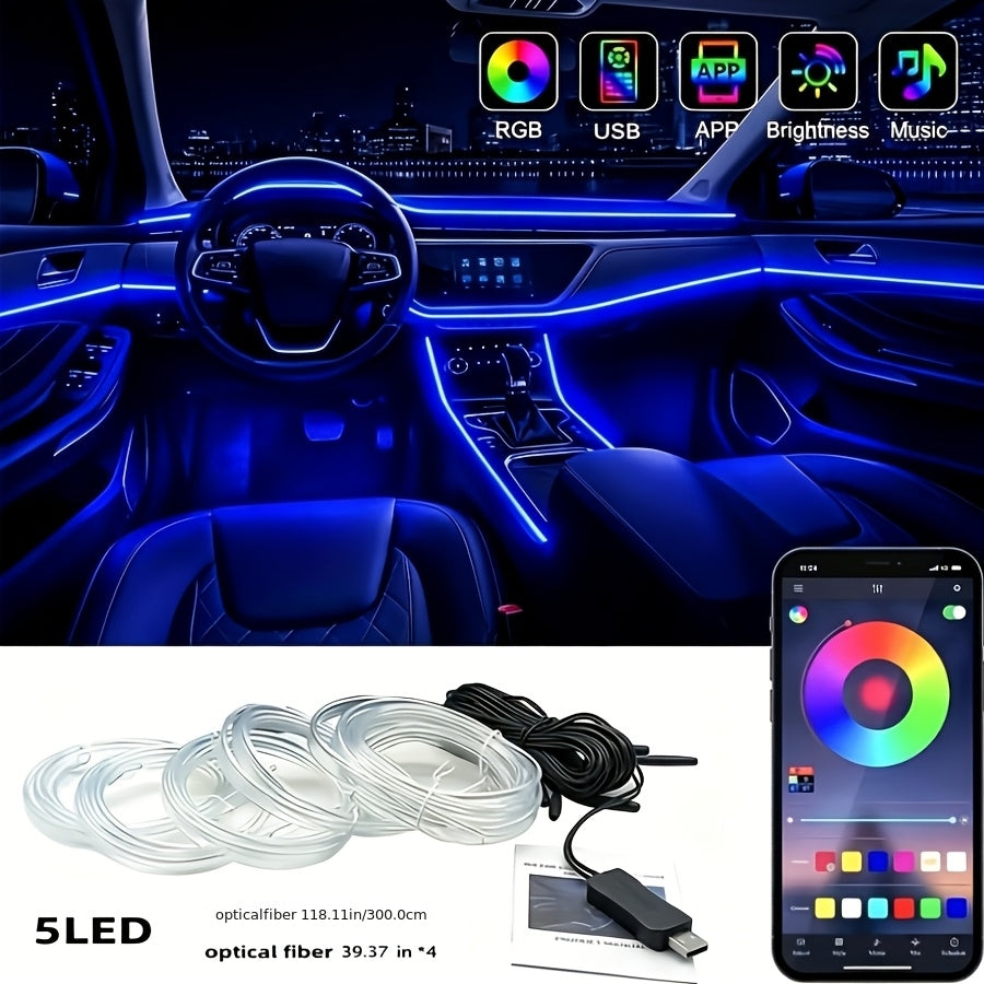 Car Interior LED Light Strip RGB 5-in-1, 276 Inch Ambient Lighting Kit with Optical Fiber, App & Button Control, Music Sync Mode, Plug-In No Battery