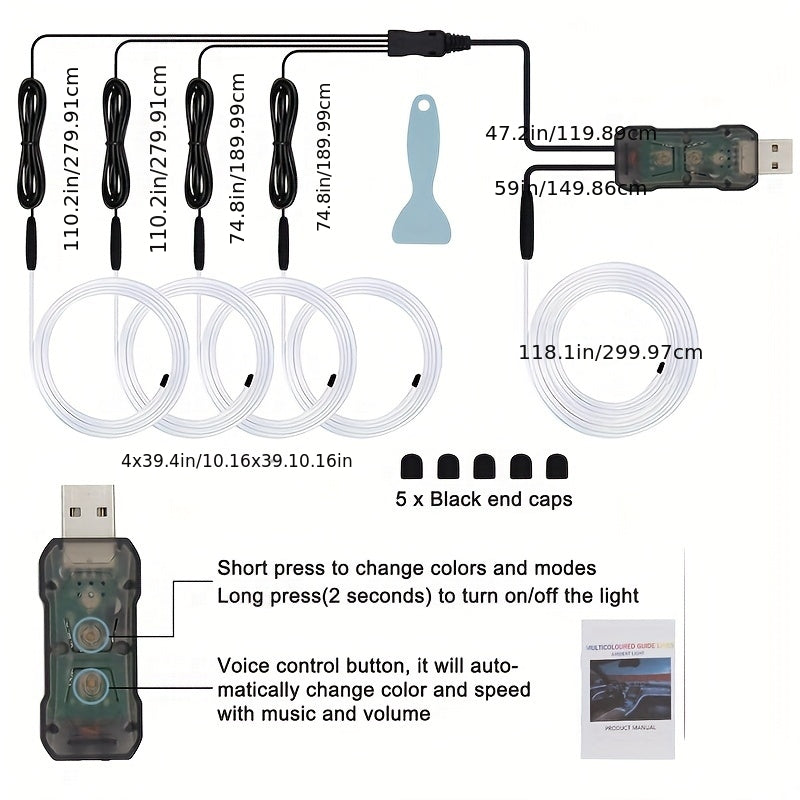 Car Interior LED Light Strip RGB 5-in-1, 276 Inch Ambient Lighting Kit with Optical Fiber, App & Button Control, Music Sync Mode, Plug-In No Battery