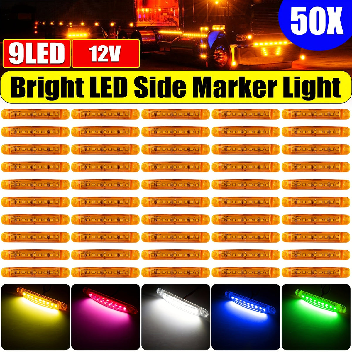 9-LED Side Marker Indicator Light Bar 12V-24V – 50pcs, Waterproof Clearance Lamp for Truck, Trailer, Bus, RV, Boat & Lorry (Amber, White, Red, Blue, Green)