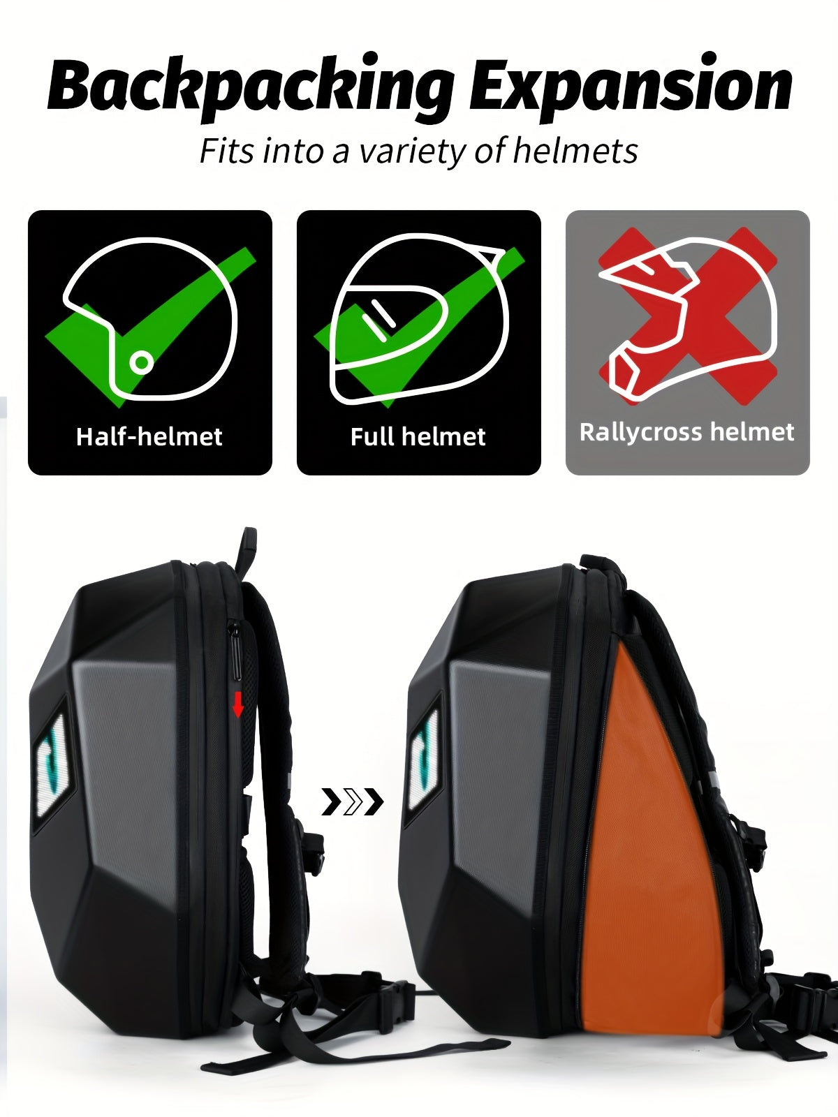 LED Motorcycle Backpack Smart Display – 48×48 Full-Color Dot Matrix, Hard Case Helmet Bag, USB-Powered, 19" Laptop Compartment for Riding Hiking Travel