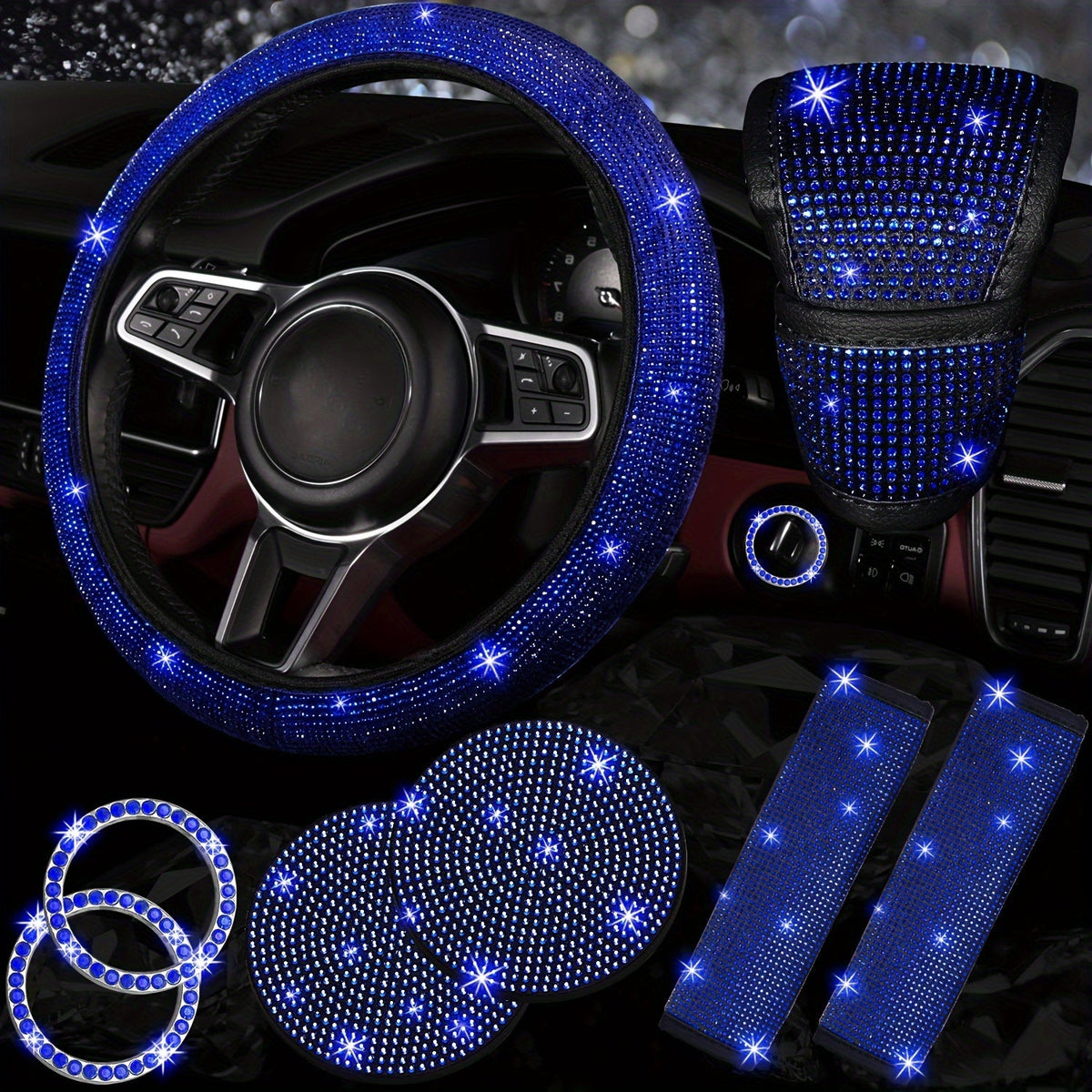 Bling Car Accessories Set for Women – 8pcs Rhinestone Steering Wheel Cover, Cup Coasters, Seat Belt Shoulder Pads, Starter Rings & Gear Shift Cover