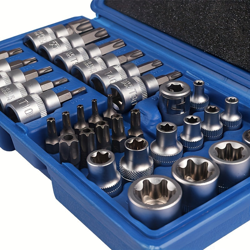 Torx Socket Set 34-Piece – Torx Bit Sockets & E-Torx Sockets for 1/4", 3/8" & 1/2" Drive, Male & Female Security Bits, Universal Fit
