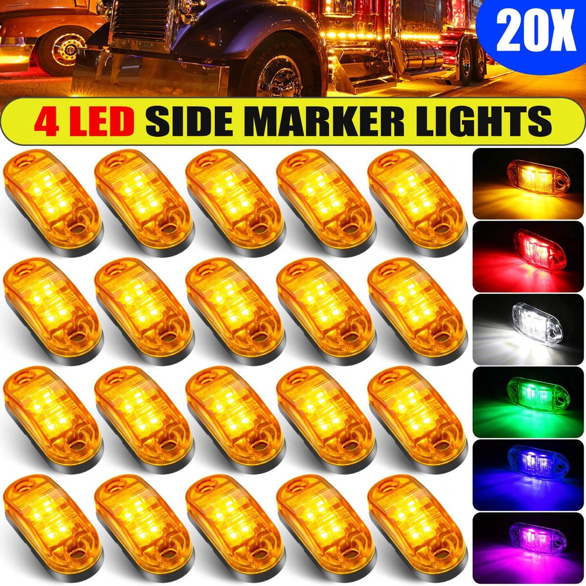LED Side Marker Lights 20pcs 4-LED 12V 24V Hardwired Stop Tail Indicator for Truck Trailer RV Bus Caravan Camper Van Amber Red Green Purple