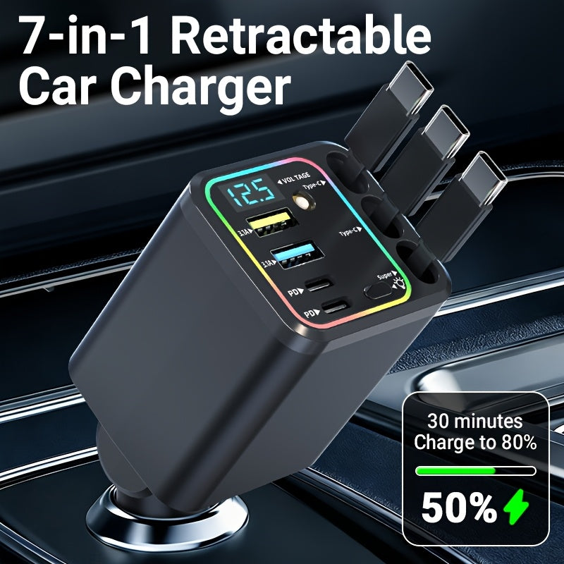 7-in-1 Car Fast Charger – 3 Retractable Cables, LED Digital Display, 180° Adjustable, USB Fast Charging for iPhone, Android & Type-C