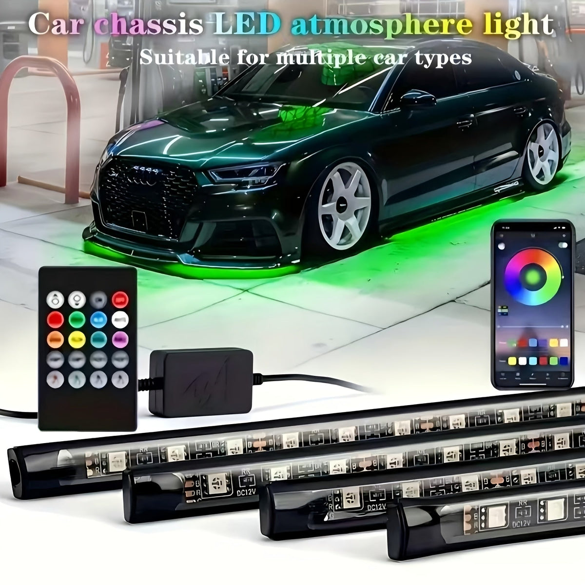 RGB LED Underglow Chassis Light Strip 4pcs App Remote Dual Control 16 Million Colors DC 12V Neon Ambient Kit for Car Pickup Truck SUV