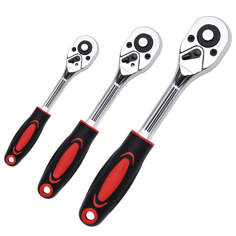 Extendable Ratchet Set 3-Piece 1/4 3/8 1/2 Inch Drive 72-Tooth Quick-Release with Soft Grip Handle – Reversible Gear Socket Wrench for Mechanics