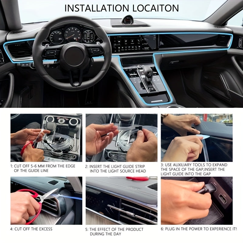 RGB Car Interior Ambient Light Kit - App & Voice Control, 8-Color LED Atmosphere Lighting for Dashboard Roof Console, USB Powered