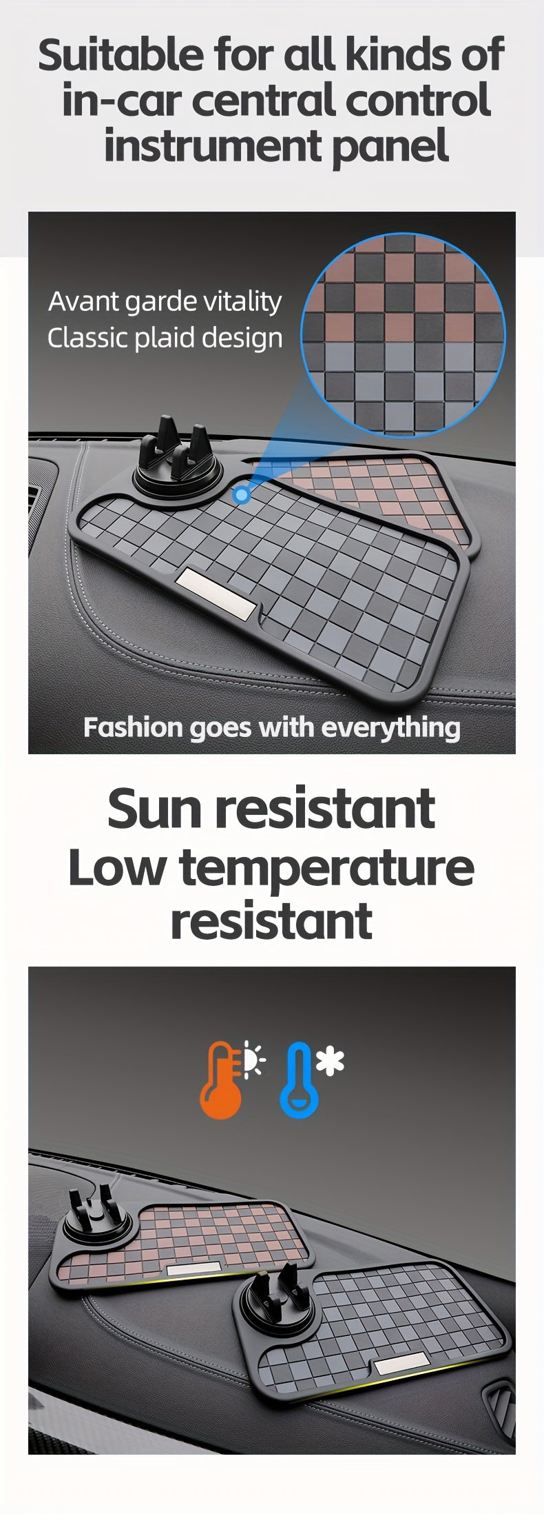 Car Dashboard Anti-Slip Mat Square Grid – Non-Slip Phone Holder Pad, Heat Resistant Ornament Storage Mat for Car Interior, Universal Fit, Deep Grey / Black Red