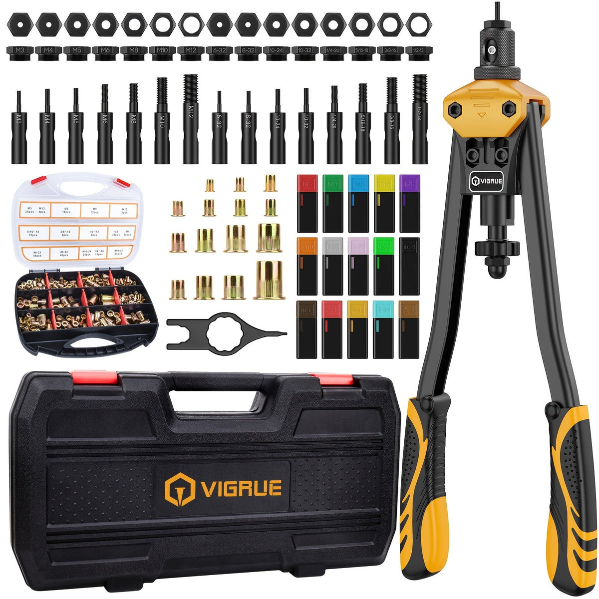 Rivet Nut Tool Kit 16-Inch – 15 Metric & SAE Mandrels M3-M12, 6-32 to 1/2-13, with 300 Rivet Nuts Included