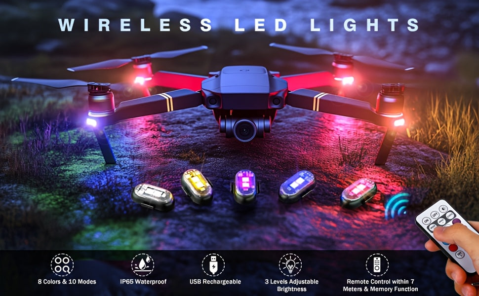 Strobe Warning Lights with Remote – 8-Color USB Rechargeable IP65 Waterproof Anti-Collision LED for Car Truck Motorcycle Bicycle Drone, 6 or 8pcs