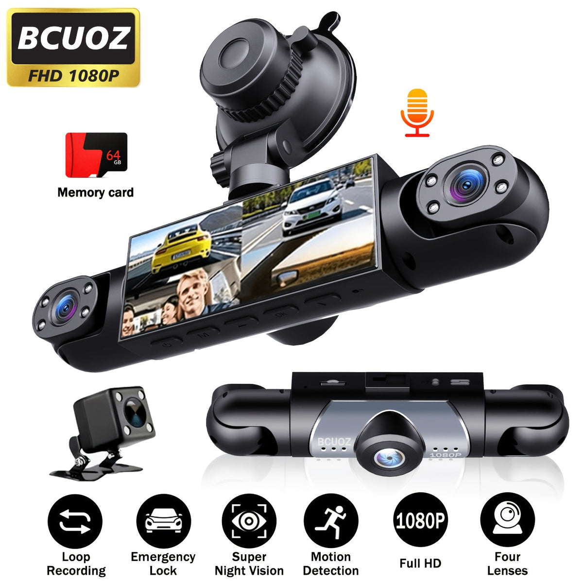 4-Lens 360° Dash Cam 1080P – Front Rear Left Right Coverage, 2.4" Quad-Split Screen, Super Night Vision WDR, G-Sensor Loop Recording, Optional 64GB Card