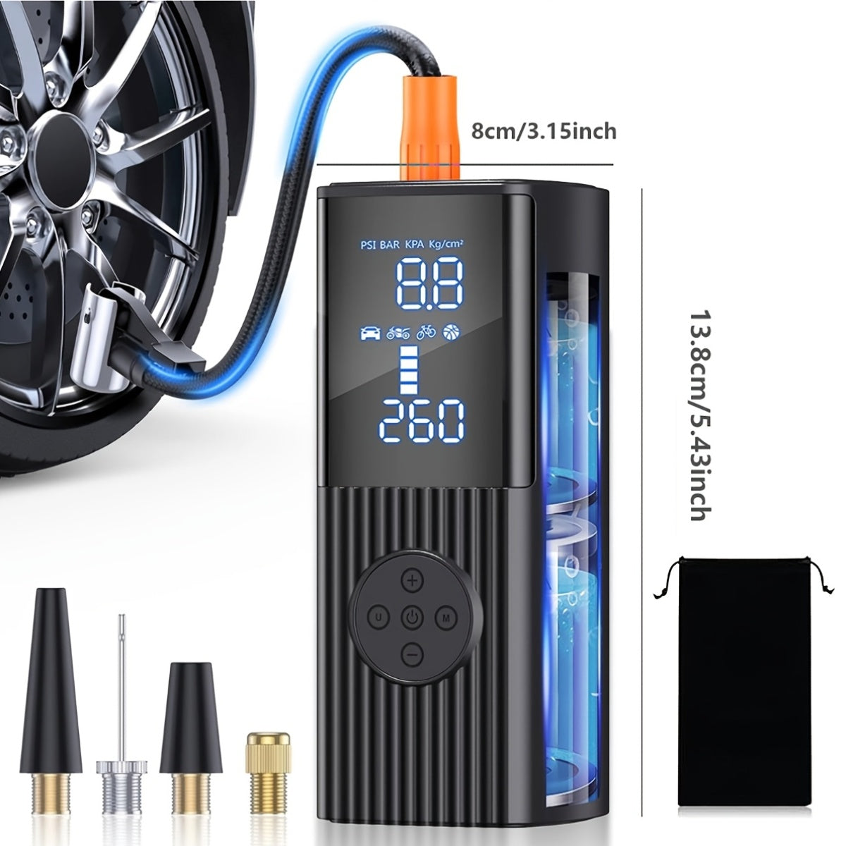 Portable Tire Inflator 210 PSI – Cordless Digital Air Pump with LED Light, 22 Cylinders, Rechargeable Battery for Car, Motorcycle, Bicycle & Ball