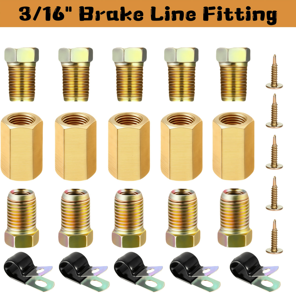 Brake Line Fittings Assortment – 3/16" 1/4" 5/16" 3/8" Tube, Inverted Flare Union Connectors, Multiple Thread Sizes with Hose Clamps