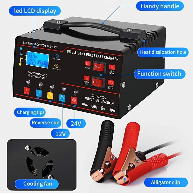 12V/24V Smart Universal Battery Charger – LCD Screen, Pulse Repair, Trickle Maintainer & Temperature Regulation for Car, Truck, Motorcycle, Boat & Lawn Mower Lead Acid Batteries