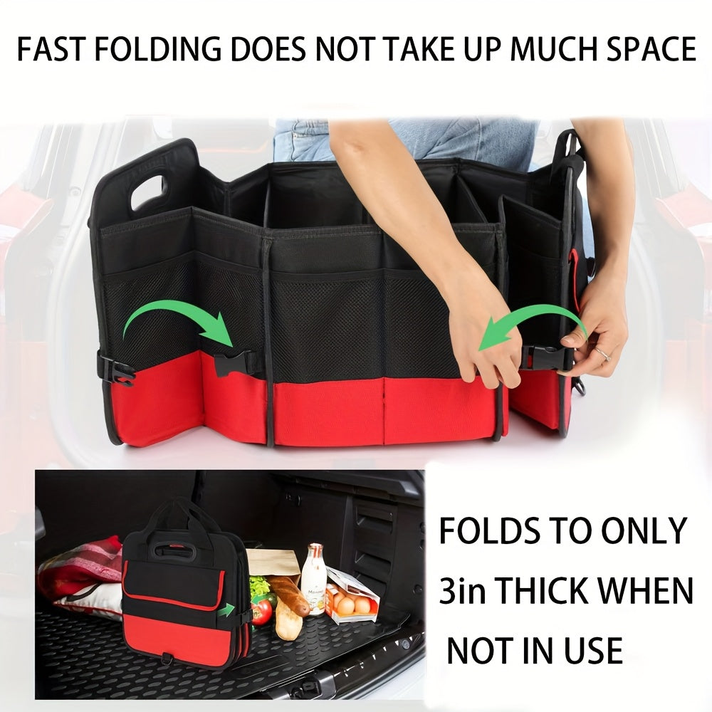 Foldable Car Trunk Organizer 95L 25gal 4 Compartments 2 Retractable Straps Collapsible Multi-Pocket Storage for SUV Truck Minivan Travel Camping Shopping Black
