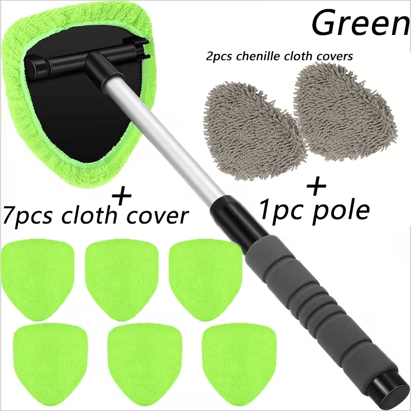 Car Windshield Cleaning Kit 10pc – Telescoping Handle, Microfiber & Chenille Covers for Interior & Exterior Glass