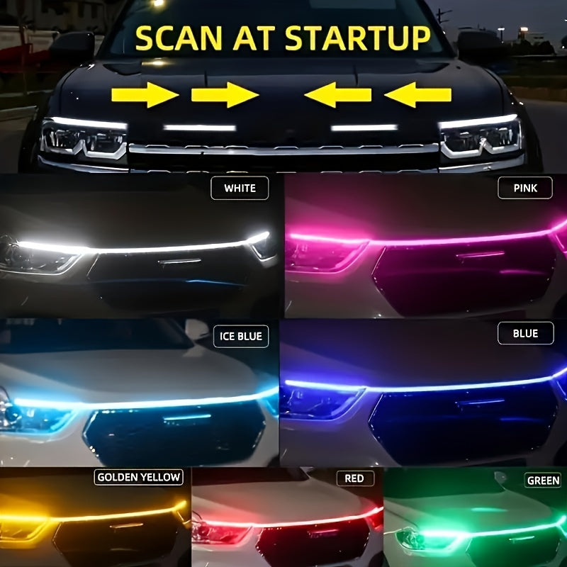 Car Grille Hood LED Flow Light Strip - 12V Scanning Start-Up Effect, Exterior Decorative Light for Engine Hood Bumper, Red Blue White Ice Blue