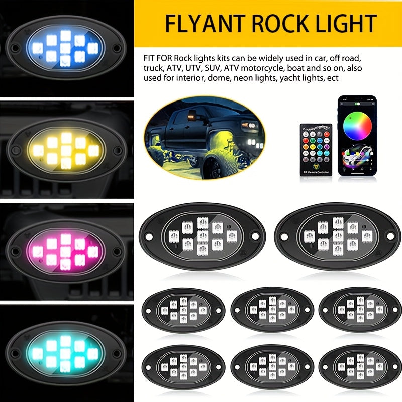RGB LED Rock Lights Kit 9-LED Pods Sound-Activated App & Remote Control Multicolor Underglow Neon for Trucks SUVs Pickups Off-Road Vehicles 4 6 8 10pcs