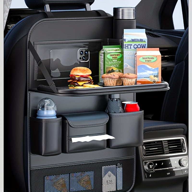 Car Seat Back Organizer with Folding Dining Table & Cup Holder – Premium PU Leather, Spacious Storage, Travel Accessories | 1pc & 2-Pack, Multi-Color