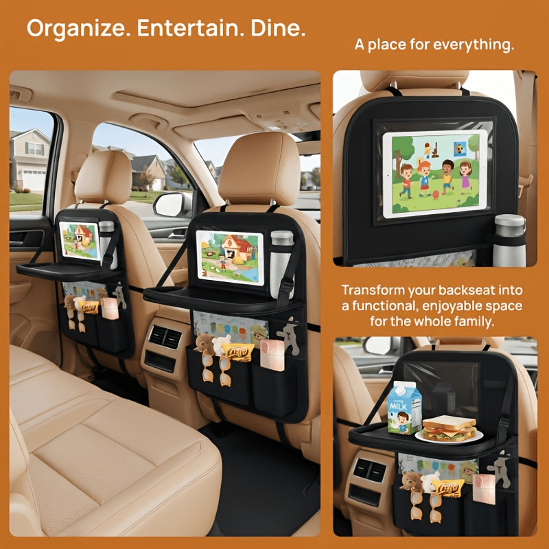 Car Backseat Organizer with Tablet Holder 6 Storage Pockets Foldable Food Tray Kick Mat Seat Back Protector Travel Accessories Black 2pcs