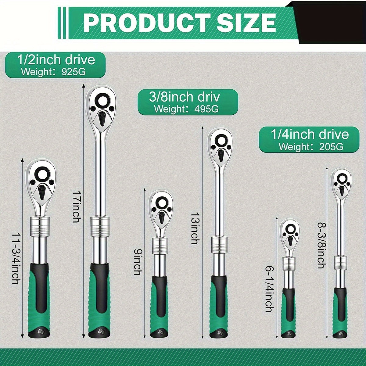 Extendable Ratchet Set 3-Piece 1/4 3/8 1/2 Inch Drive 72-Tooth Quick-Release with Soft Grip Handle – Reversible Gear Socket Wrench for Mechanics