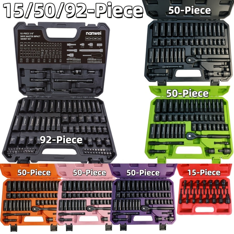 3/8 Inch Drive Impact Socket Set Metric 8-22mm SAE 5/16-3/4 in, 6-Point Cr-V, with Ratchet Handle Adapter & Storage Box, 15/50/92pcs Options